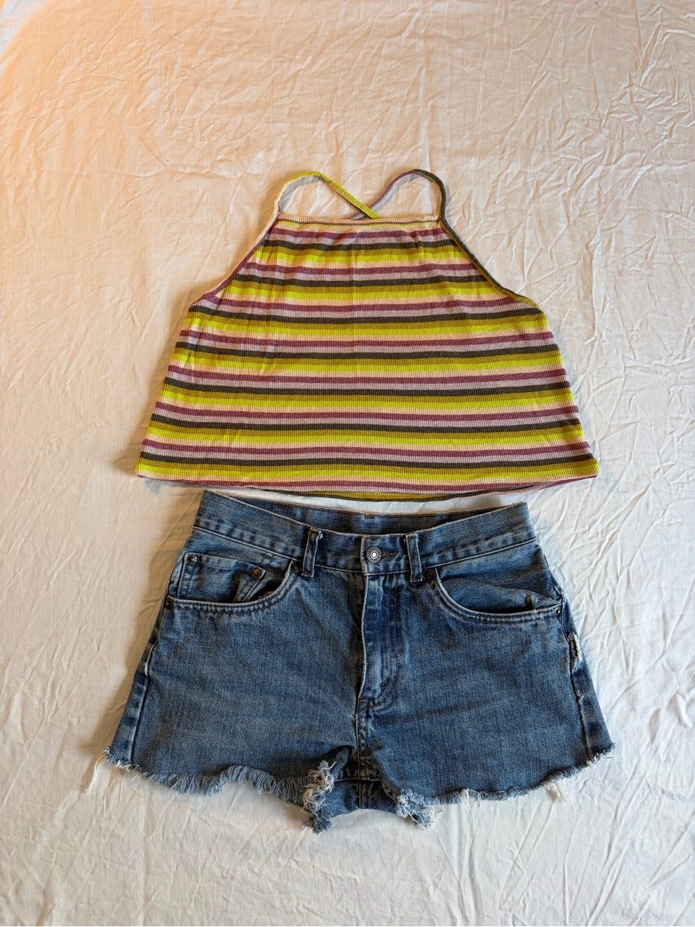 RVCA Striped Halter Crop Top in Yellow, Pink & Green